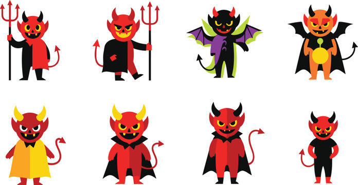 Collection of Cute Cartoon Devil Characters with Various Poses, Horns, Wings, and Tridents for Halloween, Fantasy, and Playful Graphic Design Projects