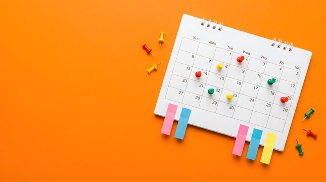 Desk calendar with colorful pins and sticky notes on orange background