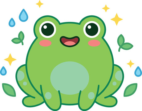 Cute happy green frog cartoon character with sparkles, water drops, and leaves vector illustration for kids stickers, nursery decor, and children book designs