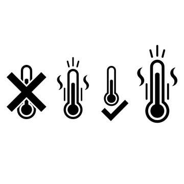 Set of four thermometer icons showing temperature measurement, with a cross, a checkmark, and two indicating heat and hotness, isolated on white
