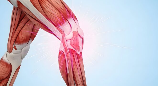 Anatomical illustration of human knee muscles. Physiotherapy and sports medicine. Transparent leg view showing knee tendons and ligaments with light effect