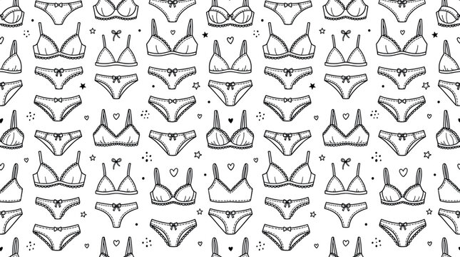 Seamless lingerie pattern vector with bras and panties in black and white hand drawn style for fashion and textile design