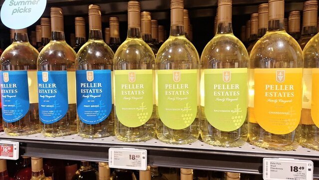 Various Peller Estate wines are displayed on store shelf