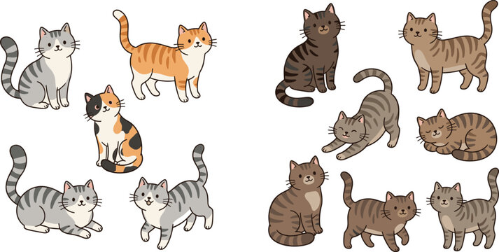 Cute Cartoon Cat Sticker and Character Set featuring Tabby Calico and Ginger Kittens in Various Poses for Kids Patterns, Greeting Cards, and Web Graphic Designs