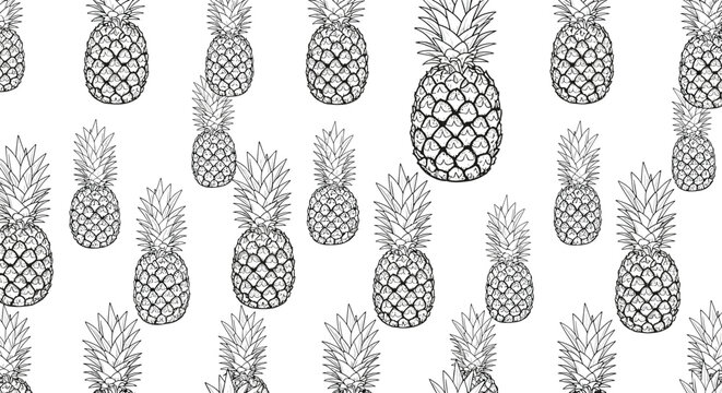 Seamless tropical pineapple line art pattern for summer food background design illustration.
