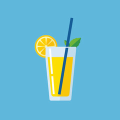 Flat Illustration of a Refreshing Lemonade Glass with a Blue Straw, Lemon Slice, and Mint Leaves on a Light Blue Background © Atiq