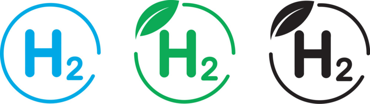 Green, hydrogen energy icon collection with leaf motifs and H2 chemical symbols representing clean energy, eco-friendly fuel, and sustainable technology in modern minimalist vector style.