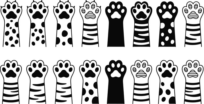 Cute Cat and Dog Paw Silhouette Icon Set with Tiger Stripes and Leopard Spots Patterns for Vinyl Cutting, T-Shirt Designs, and Pet Crafts