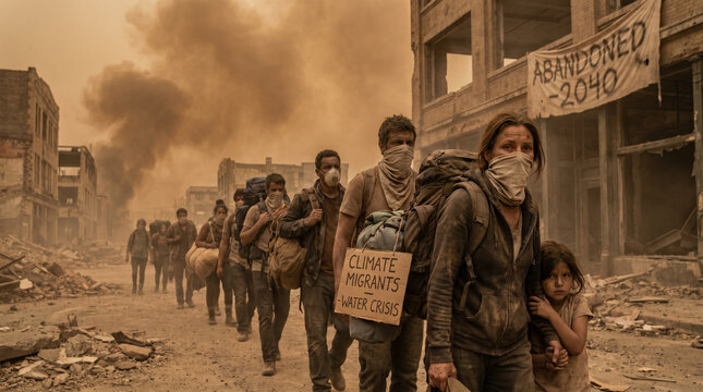 Apocalyptic Exodus: Survivors wearing masks navigate through a devastated, dust-choked city, carrying their belongings and a sign pleading Climate Migrants.