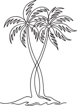 Continuous line art illustration of two tropical palm trees with intertwining trunks on a serene island, symbolizing connection, summer, and an exotic paradise