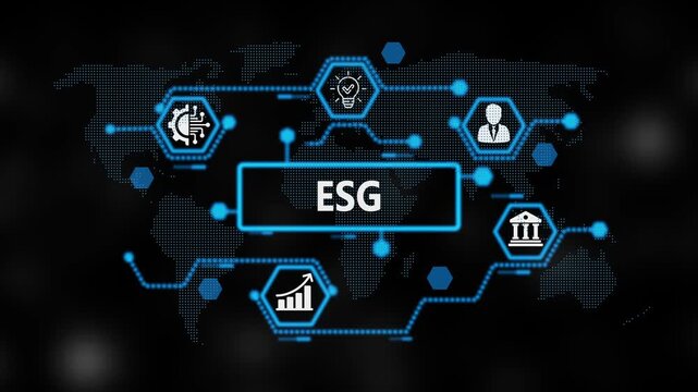 ESG Return on investment financial growth concept. Business, Technology, Internet and network concept. ,Abstract technology symbols on world background. 4k video