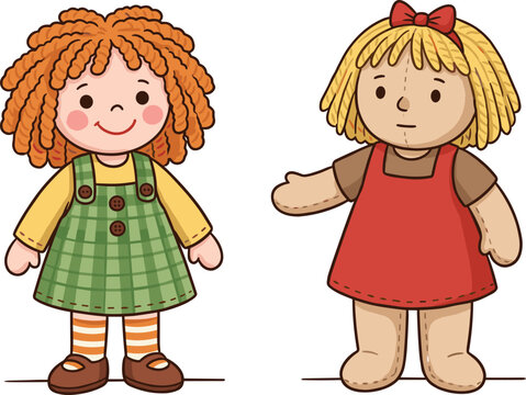 Cute Rag Doll Character Vector Illustration Set Featuring Vintage Fabric Soft Toys with Stitching Details for Kids Craft and Childhood Designs