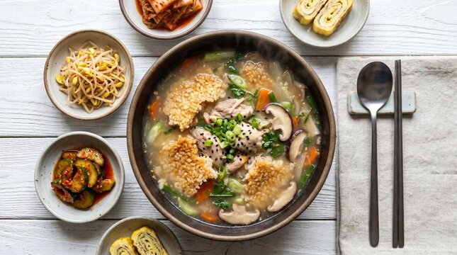 An overhead flat lay of a clay pot filled with hot Nurungji-tang scorched rice soup and chicken, surrounded by five banchan side dishes and metal utensils on a white wooden table.