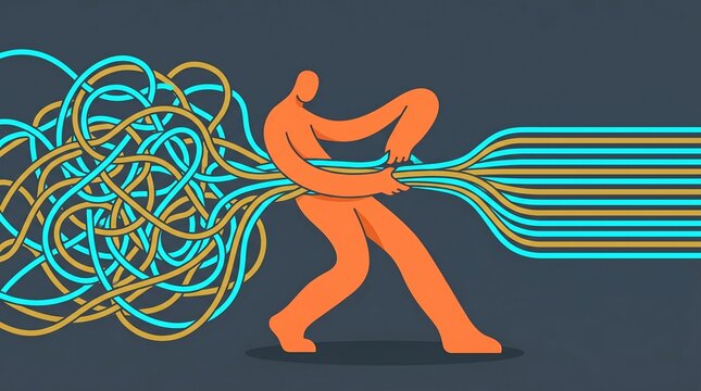Abstract flat vector illustration of a character untangling messy wires into straight lines representing problem solving and simplifying complexity