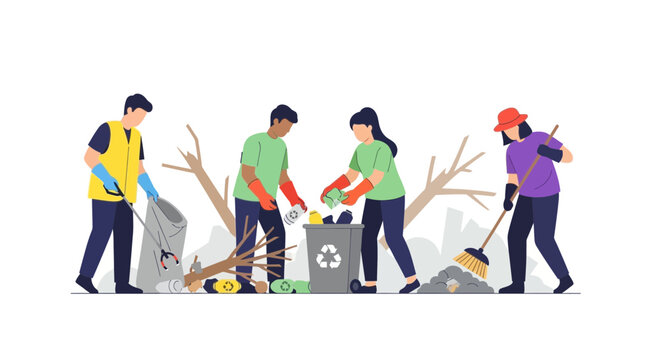 Community volunteers cleaning up litter and debris, environmental protection