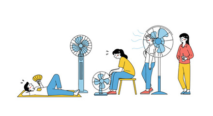 People cooling down with fans during hot weather, summer heatwave illustration © Tora