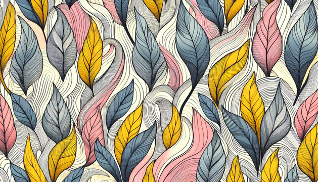 abstract groovy and wavy leaves seamless vector pattern, abstract ink lines colorful leaves background