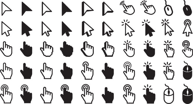 Collection of diverse computer mouse cursor icons and hand pointer symbols for digital interfaces