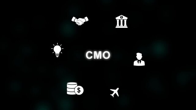 CMO Chief Marketing Officer business strategy infographic with icons and with gears Keywords: CMO, Chief Marketing Officer, business, strategy, infographic