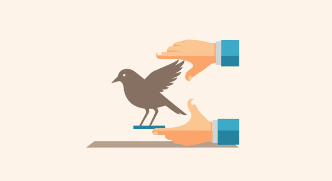 Hands carefully balancing a small bird illustration.