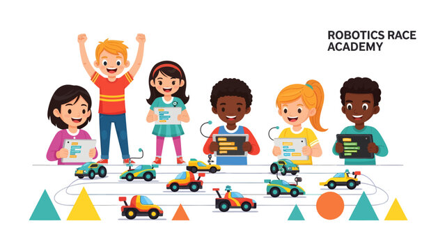 Robotics Academy Showcase: Young students proudly display their robotic creations and code at a vibrant robotics competition, celebrating innovation and STEM education.