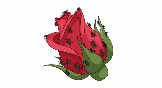 A red rose bud covered in small green insects
