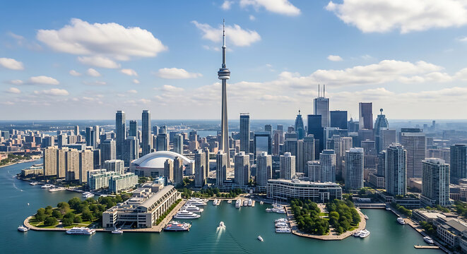 Toronto skyline with cn tower and waterfront aerial view on a sunny day