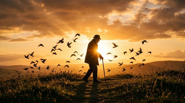 Silhouette of Mahatma Gandhi walking with stick surrounded by flying peace doves at sunset