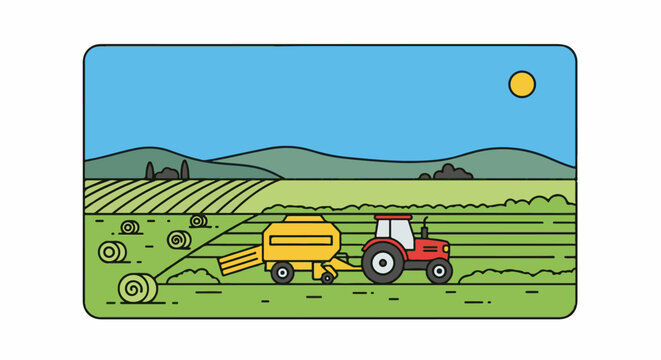 A red tractor pulls a yellow baler across a field under a bright sun