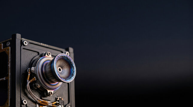 Close Up of Micro Thruster Nozzle on Modern Satellite with Heat Discoloration