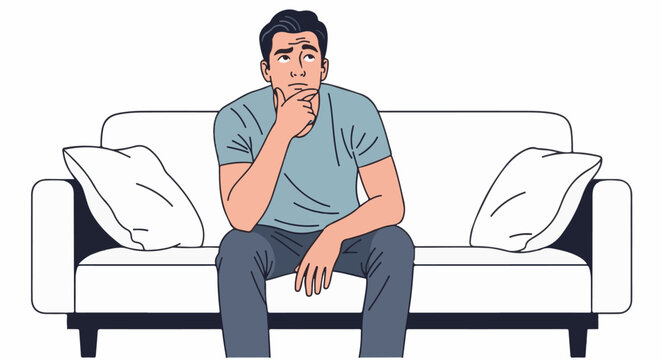 A man sits on a white couch with two pillows, contemplating with his chin in his hand