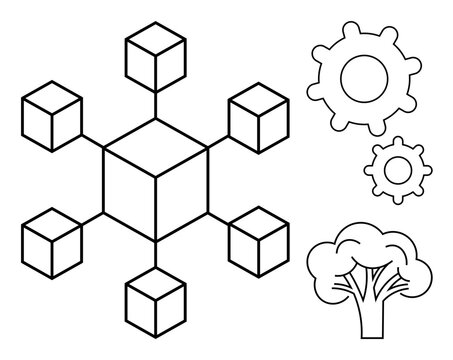 Blockchain, technology infrastructure, environmental impact, sustainability, process optimization, innovation. Blockchain network with cubes, tree and gear symbols. Blockchain and sustainability