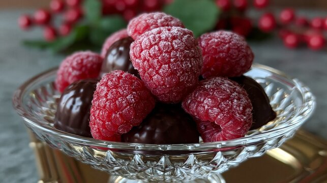 frozen raspberries covered in dark chocolate with ultra realistic texture