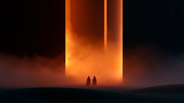 colossal monolithic wall towering over tiny figures in cinematic desert dusk