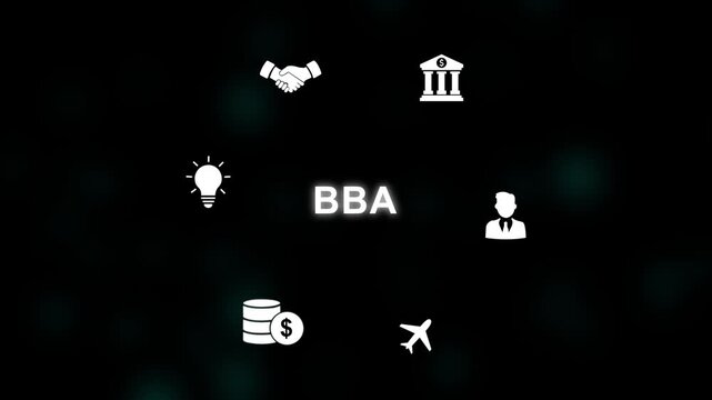 Futuristic Motion Graphics of BBA Educational Business Concept on Digital Circuit Board Background, Global Networking Corporate Success, High Tech Innovation Animation for Economy.