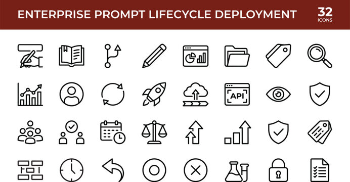 Modern enterprise prompt lifecycle deployment icon set with outline style for workflow automation and management interfaces