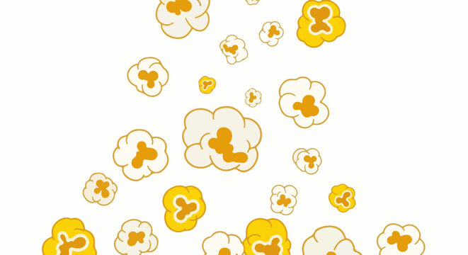 A scattered pattern of cartoon-style popcorn pieces on a white background