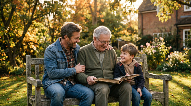 Generational Bond: Three generations of men, grandfather, father, and son, sit on a park bench, sharing a photo album, bathed in the warm afternoon sun, surrounded by the vibrant colors of autumn.