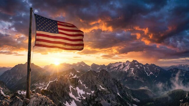 American flag waving proudly on a rugged mountain peak during a breathtaking golden sunset, symbolizing triumph, endurance, national glory, exploring nature, and ultimate liberty