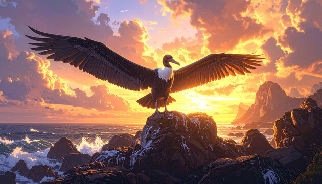 Soaring bird over ocean at sunset