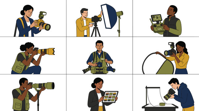 Collection of professional photographer vector illustrations featuring studio photography, camera equipment, lighting setup and creative photo shoot scenes