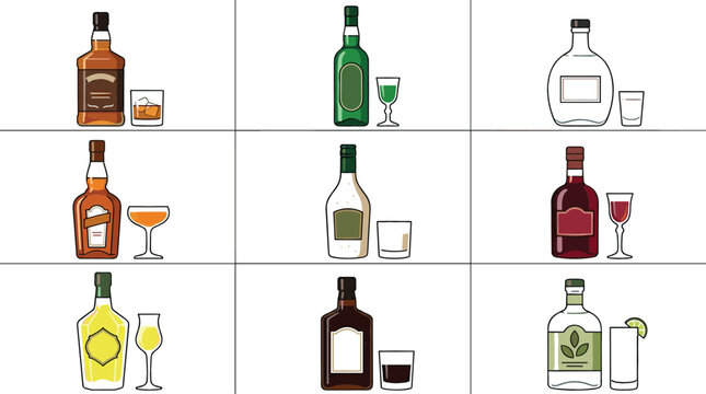 Collection of liquor bottle and cocktail glass vector illustrations featuring whiskey, wine, tequila and alcoholic beverage drink designs