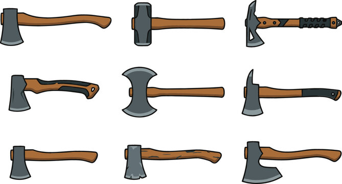 Collection of vintage axe and hatchet vector illustrations featuring woodworking tools, battle axes and outdoor chopping equipment designs