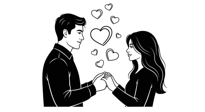 Young Couple Holding Hands with Floating Hearts Illustration