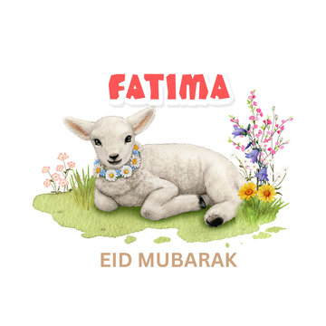 Cute Watercolor Lamb with Flowers - Eid al Adha Greeting Card for Kids, Personalized Name Fatima

