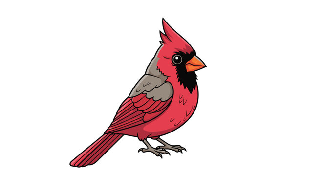 Detailed vector illustration of a red cardinal bird with grey wings and a black face, standing on a white background for nature and wildlife art.