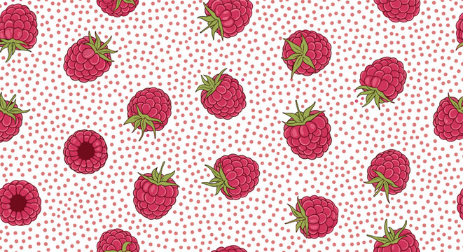 Seamless pattern design of fresh red raspberries and green leaves with white polka dots for a sweet summer food wallpaper.