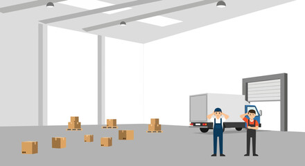 Fototapeta premium Warehouse workers frustrated by scattered boxes and delivery truck