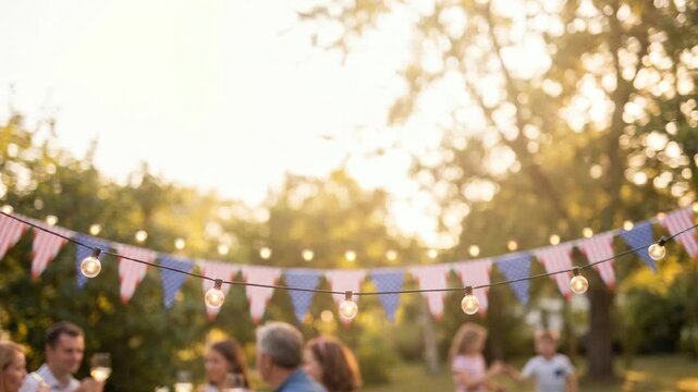 Glowing string lights and patriotic bunting banners in foreground with blurred backyard party gathering, symbolizing community celebration, fourth of july holiday, and togetherness