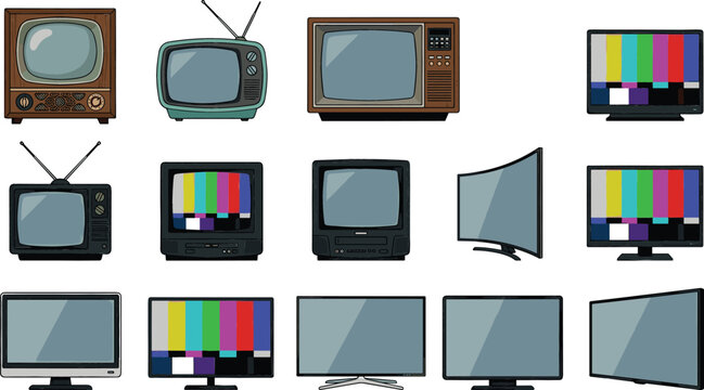 Collection of retro and modern television vector illustrations featuring vintage TV sets, flat screen monitors and classic broadcast display designs